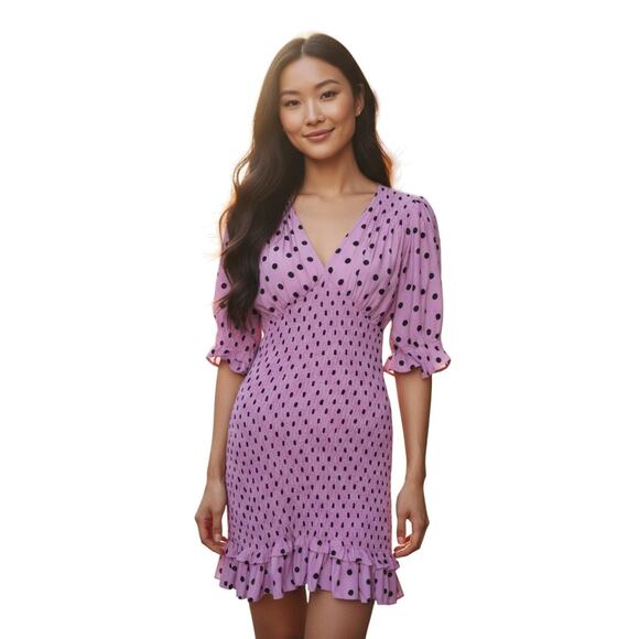 Faithfull the Brand Polka Dot Shirred Smocked Mini Dress Pink Black – Size 10 - Picture 1 of 14